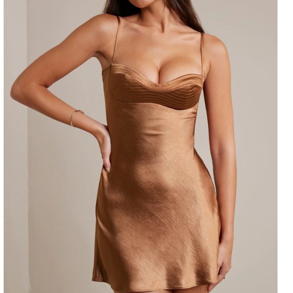 KATRINA Satin Soft Cup A-Line Mini Dress in Mocha - Picture 1 of 5